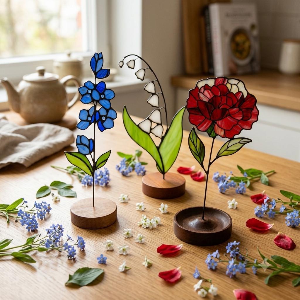 May include: Three stained glass flower sculptures on wooden bases: a tall blue delphinium, a white lily of the valley, and a large red peony. Each piece features intricate glass segments held by dark metal solder lines, standing upright on circular wood.