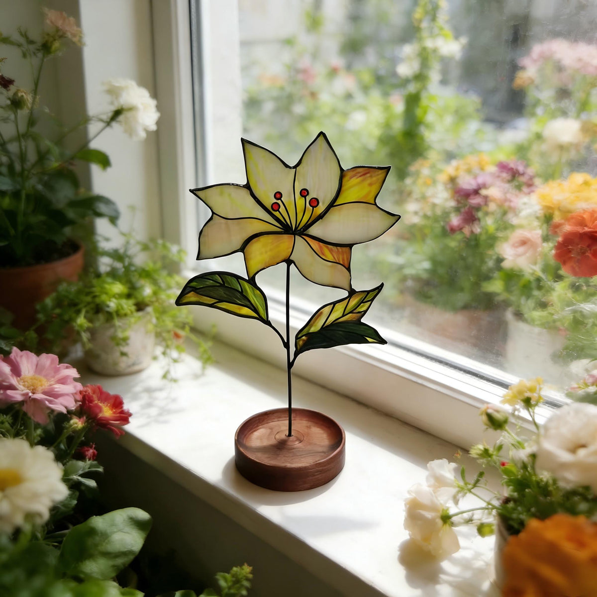 May include: A stained glass flower sculpture featuring white and yellow petals with red centers, supported by a thin black metal stem attached to a circular wooden base. The glass petals have visible dark solder lines between the segments.