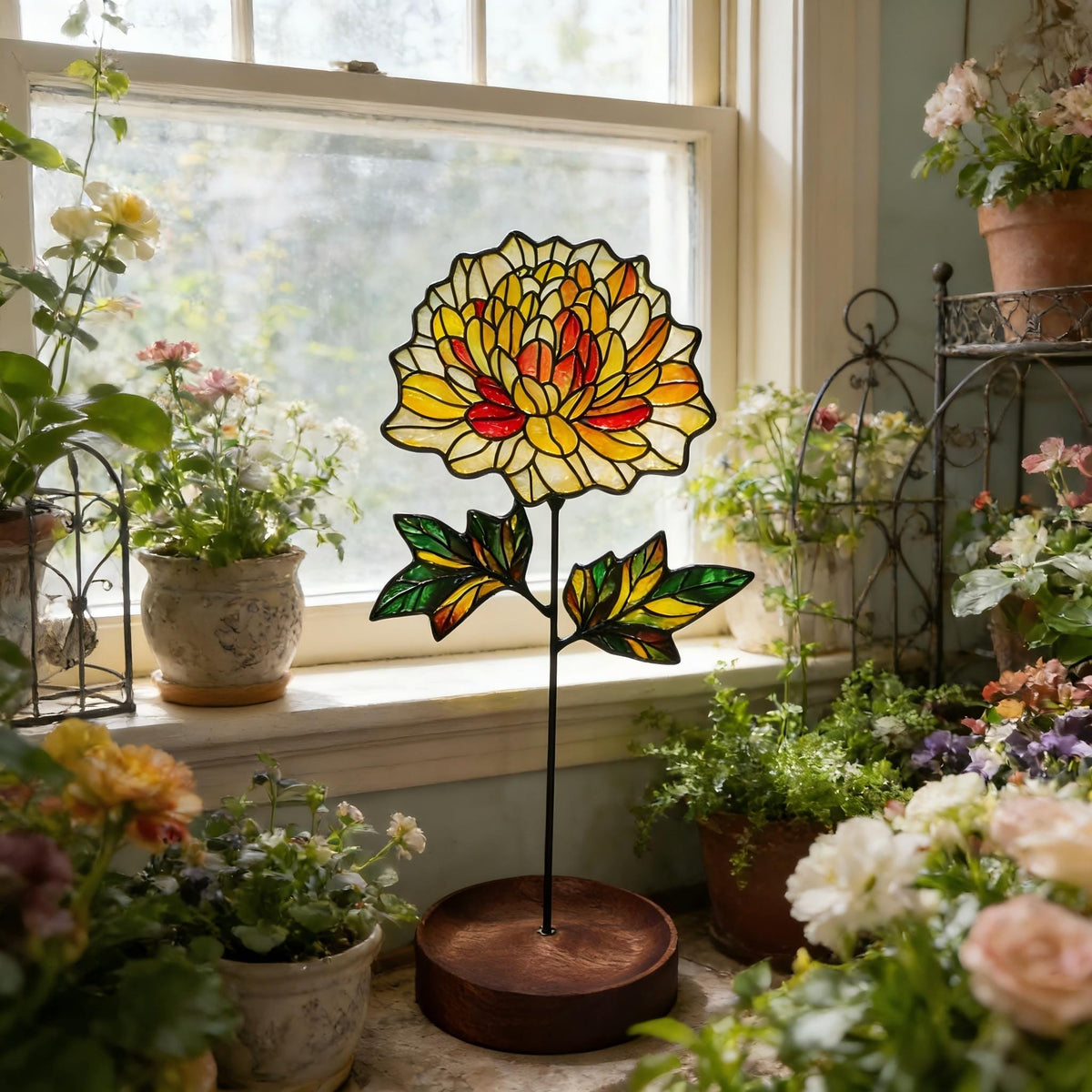 May include: A stained glass flower sculpture featuring a large, multi-petaled bloom in shades of yellow, orange, and red. The flower is supported by a thin black metal stem with two green and yellow leaves, mounted on a round wooden base.