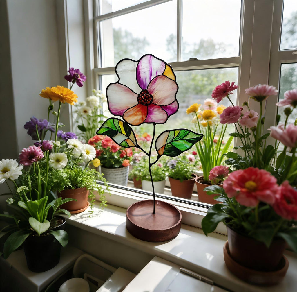 May include: A stained glass flower ornament featuring white, purple, and orange petals with green leaves, supported by a thin black metal stem attached to a circular wooden base. The glass piece displays a dark leaded outline around each segment.