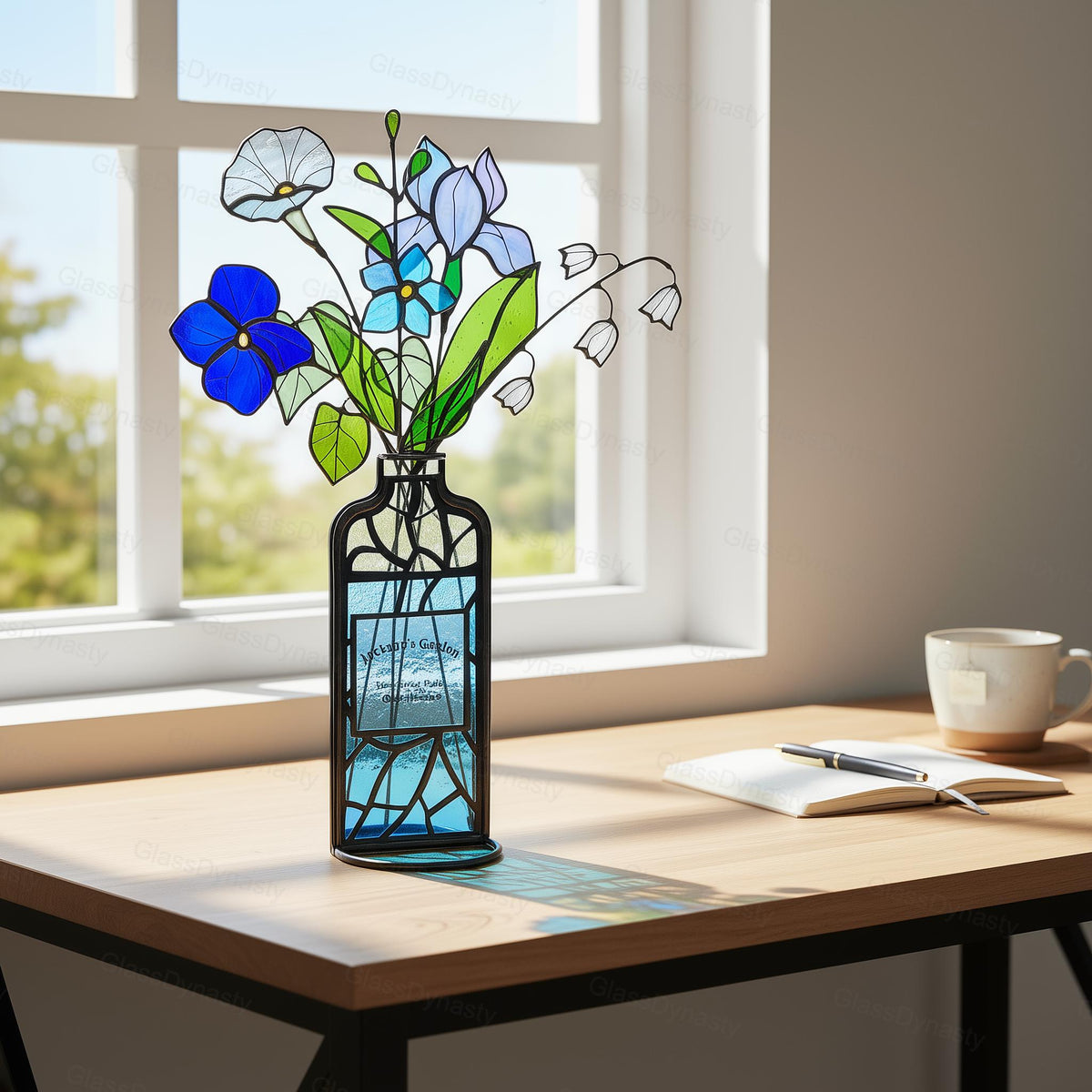May include: A stained glass floral arrangement in a black metal vase. The flowers include blue, white, and green blooms. The vase sits on a wooden table near a window. The vase has a rectangular shape with a blue stained glass design.