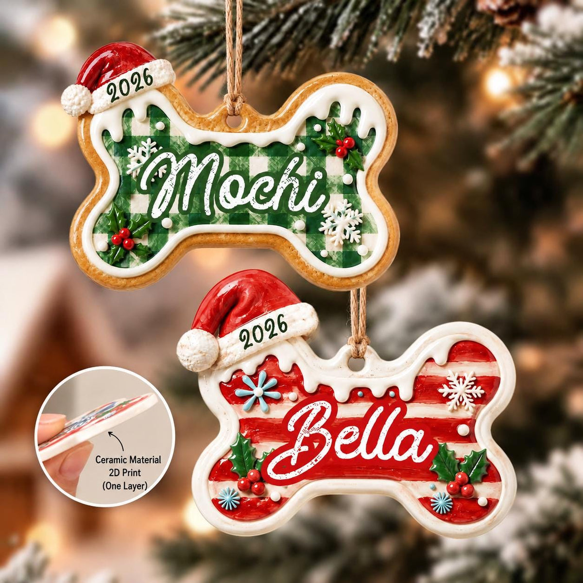 May include: Two bone-shaped Christmas ornaments with hanging strings. One features a green plaid pattern with the name Mochi, the other a red striped pattern with the name Bella. Both have a Santa hat, the year 2026, white icing edges, and holly.