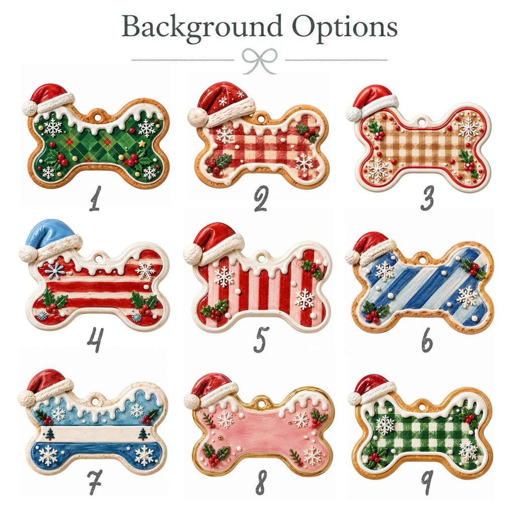 May include: Nine bone-shaped ornaments labeled 1 through 9, each featuring a red Santa hat, white icing, snowflakes, and holly berries. The patterns include green plaid, red gingham, tan gingham, red stripes, pink stripes, blue stripes, blue, pink, and green plaid.
