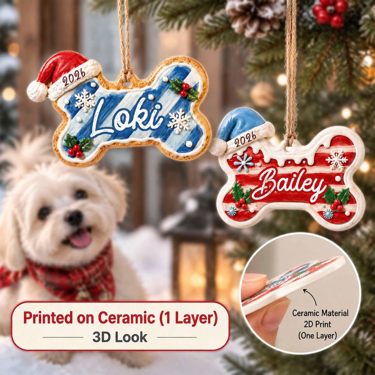 May include: Two bone-shaped Christmas ornaments hanging by twine. One is blue with white stripes, the name Loki, and a red Santa hat. The other is red with white stripes, the name Bailey, and a blue Santa hat. Both feature snowflakes and holly.