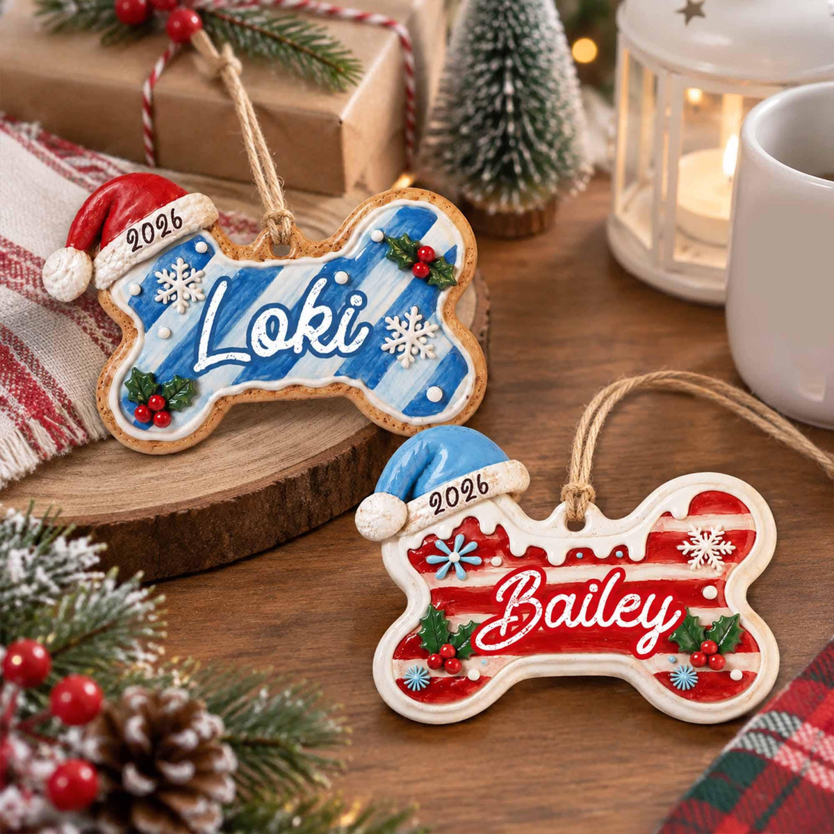 May include: Two bone-shaped Christmas ornaments with jute twine hangers. One ornament features blue stripes, the name Loki, a red Santa hat, and the year 2026. The other features red stripes, the name Bailey, a blue Santa hat, and the year 2026.