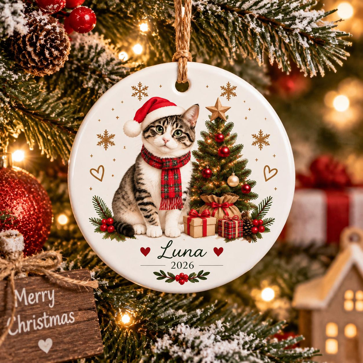 May include: A round white ceramic Christmas ornament featuring a tabby cat wearing a red Santa hat and a red plaid scarf. Next to the cat is a decorated Christmas tree with gifts. The text Luna and 2026 are printed in black on the ornament.