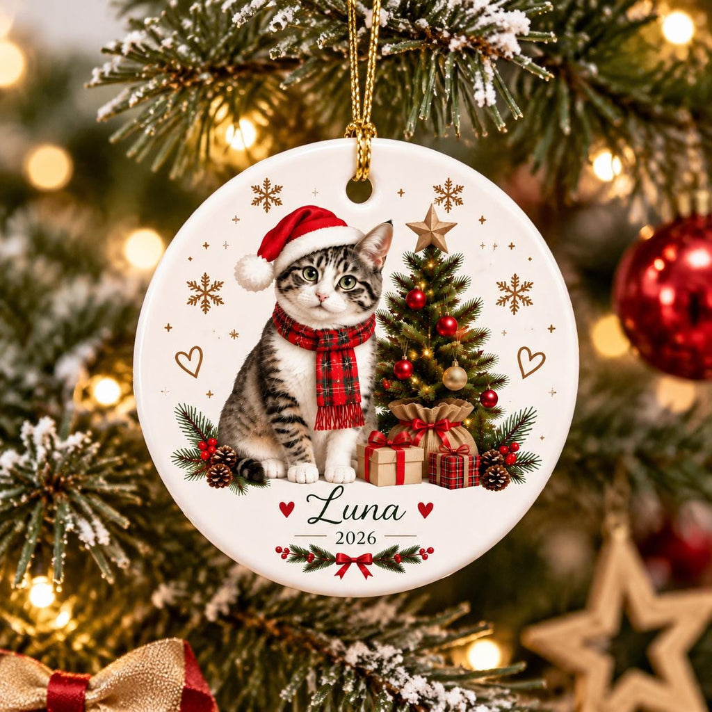 May include: A round white ceramic Christmas ornament featuring a tabby cat wearing a red Santa hat and a red plaid scarf. Beside the cat is a decorated Christmas tree with gifts, snowflakes, and hearts. The name Luna and year 2026 are printed below.