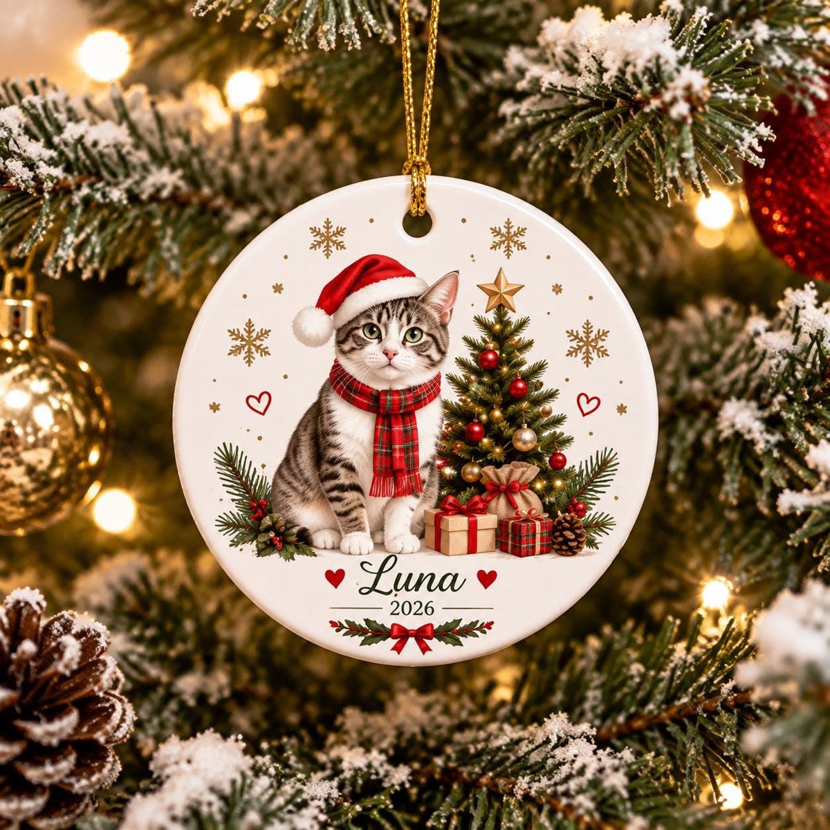 May include: A round white ceramic Christmas ornament featuring a tabby cat wearing a red Santa hat and a red plaid scarf. Next to the cat is a decorated Christmas tree with gifts, gold snowflakes, and the text Luna 2026 with a red bow.