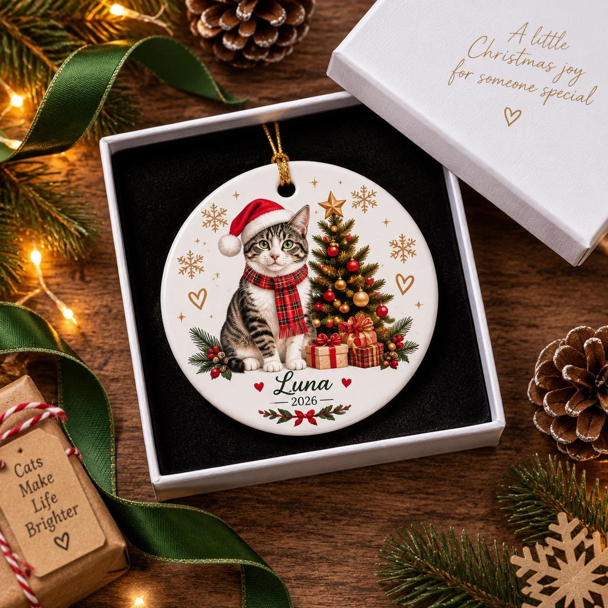 May include: A round white ceramic ornament featuring a tabby cat wearing a red Santa hat and a red plaid scarf next to a decorated Christmas tree with gifts. The text reads Luna 2026. It is presented in a white gift box with the text A little Christmas joy for someone special.