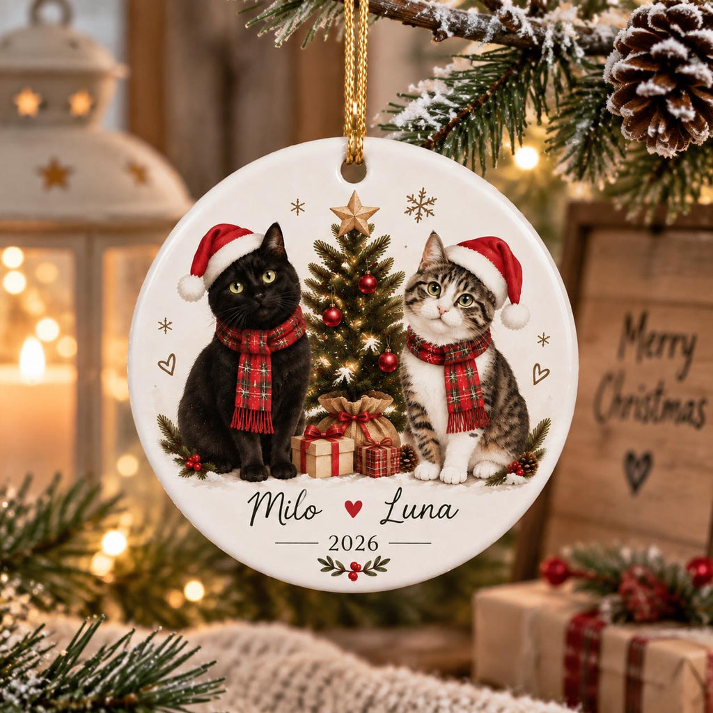 May include: A round white ceramic Christmas ornament featuring a black cat and a tabby cat wearing red Santa hats and plaid scarves. A decorated Christmas tree sits between them with gifts below. The text reads Milo, Luna, and the year 2026.