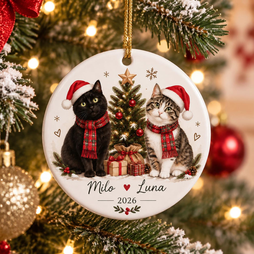 May include: A round white ceramic Christmas ornament featuring a black cat and a tabby cat wearing red Santa hats and plaid scarves. Between them is a decorated Christmas tree with gifts. The text reads Milo, Luna, and the year 2026.
