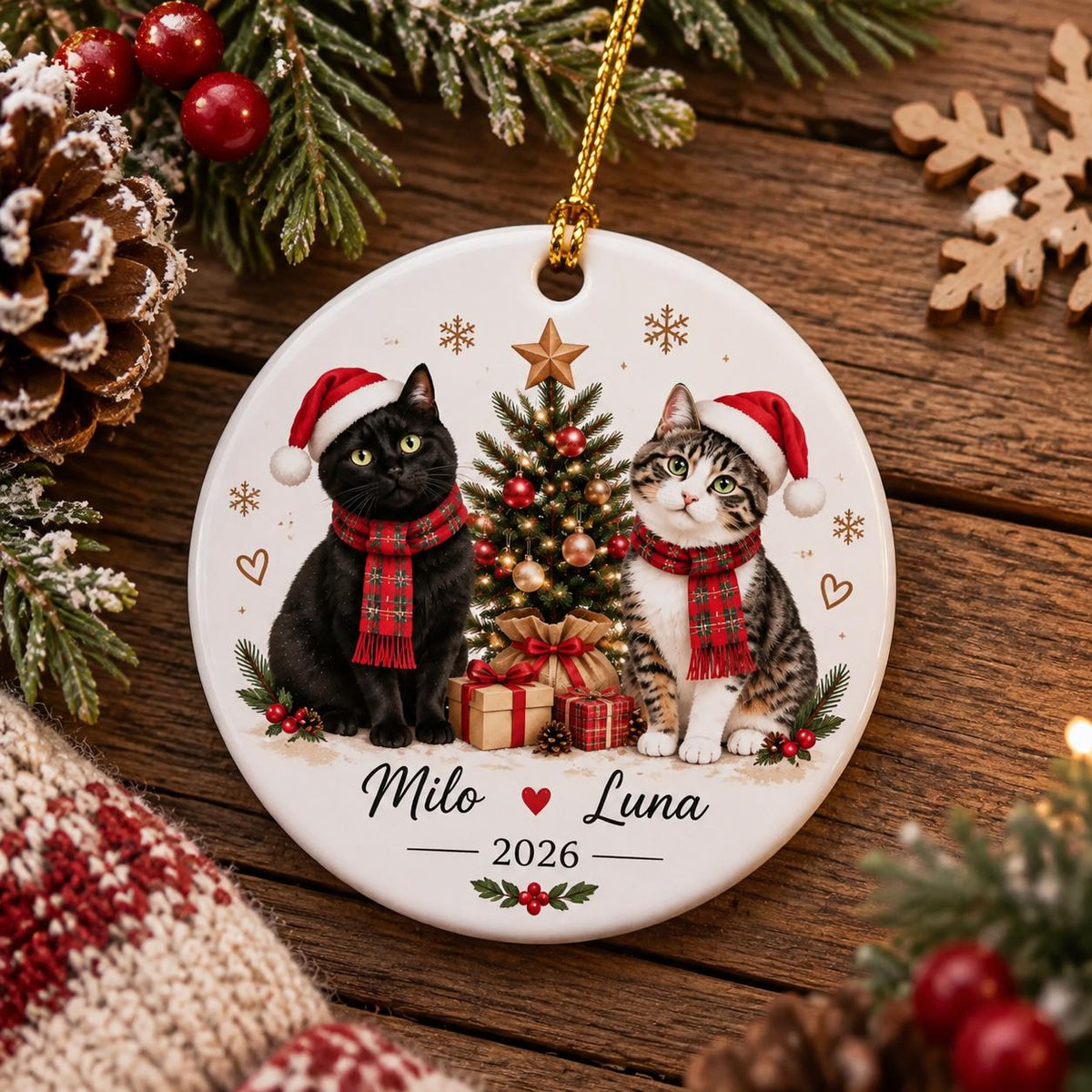 May include: A round white ceramic Christmas ornament featuring a black cat and a tabby cat, both wearing red Santa hats and red plaid scarves. Between them is a decorated Christmas tree with gifts. The text reads Milo, Luna, and 2026.