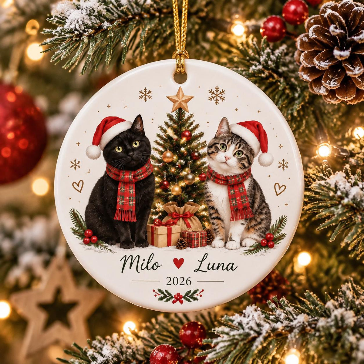 May include: A round white ceramic Christmas ornament featuring a black cat and a tabby cat wearing red Santa hats and plaid scarves. Between them is a decorated Christmas tree with gifts. The text reads Milo, a heart, Luna, and 2026.