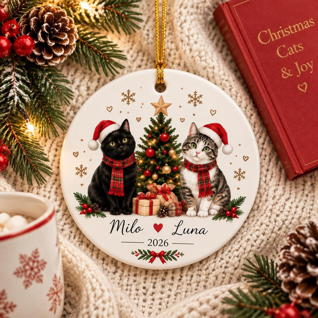 May include: A round white ceramic Christmas ornament featuring a black cat and a tabby cat wearing red Santa hats and plaid scarves. Between them is a decorated Christmas tree with gifts. The text reads Milo, a heart, Luna, and 2026.