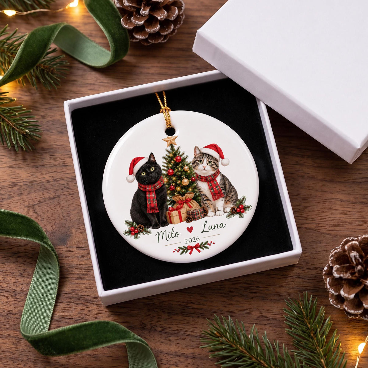 Personalized Cat Christmas Ornament For Cat Mom,Custom Pet Portrait Ornament,Two Cat Name Keepsake,Cat Lover Gift,Cat FamilyHolidayTreeDecor