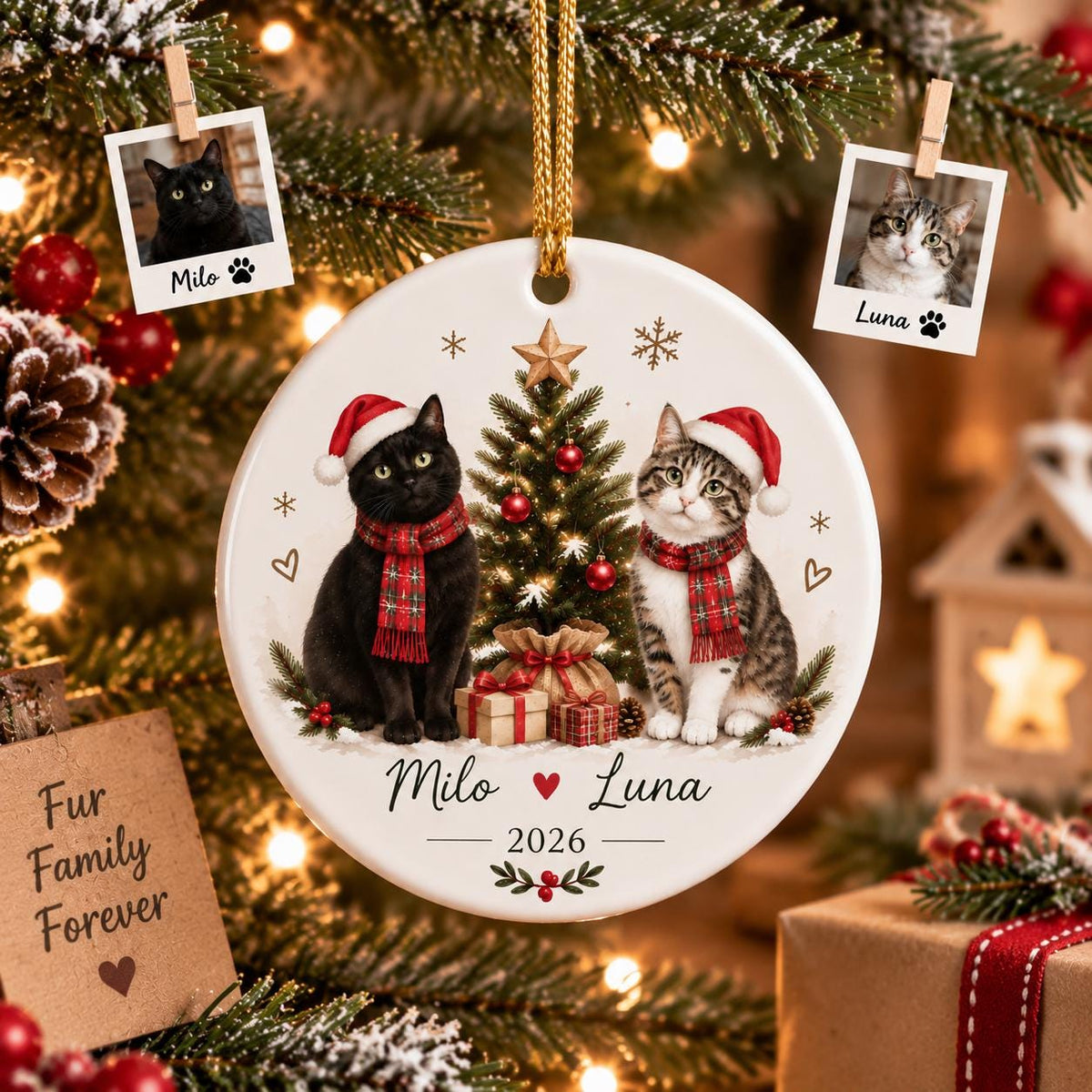 May include: A round white ceramic Christmas ornament featuring a black cat and a tabby cat wearing red Santa hats and plaid scarves. A central Christmas tree, gifts, and the text Milo, Luna, and 2026 are printed on the front with a gold hanging cord.