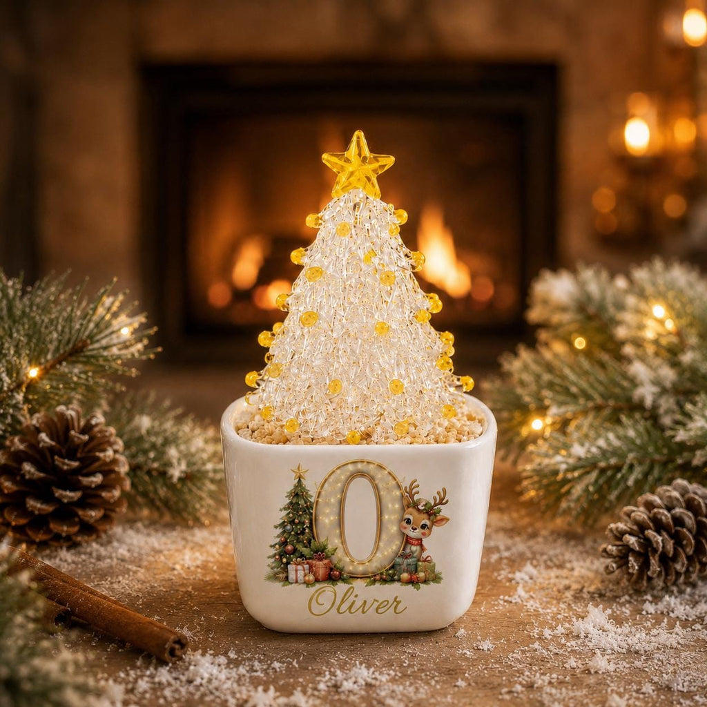 May include: A white ceramic square planter featuring a decorative illustration of a Christmas tree, a reindeer, and the letter O with the name Oliver printed below. A clear, textured glass Christmas tree with yellow beads sits inside.