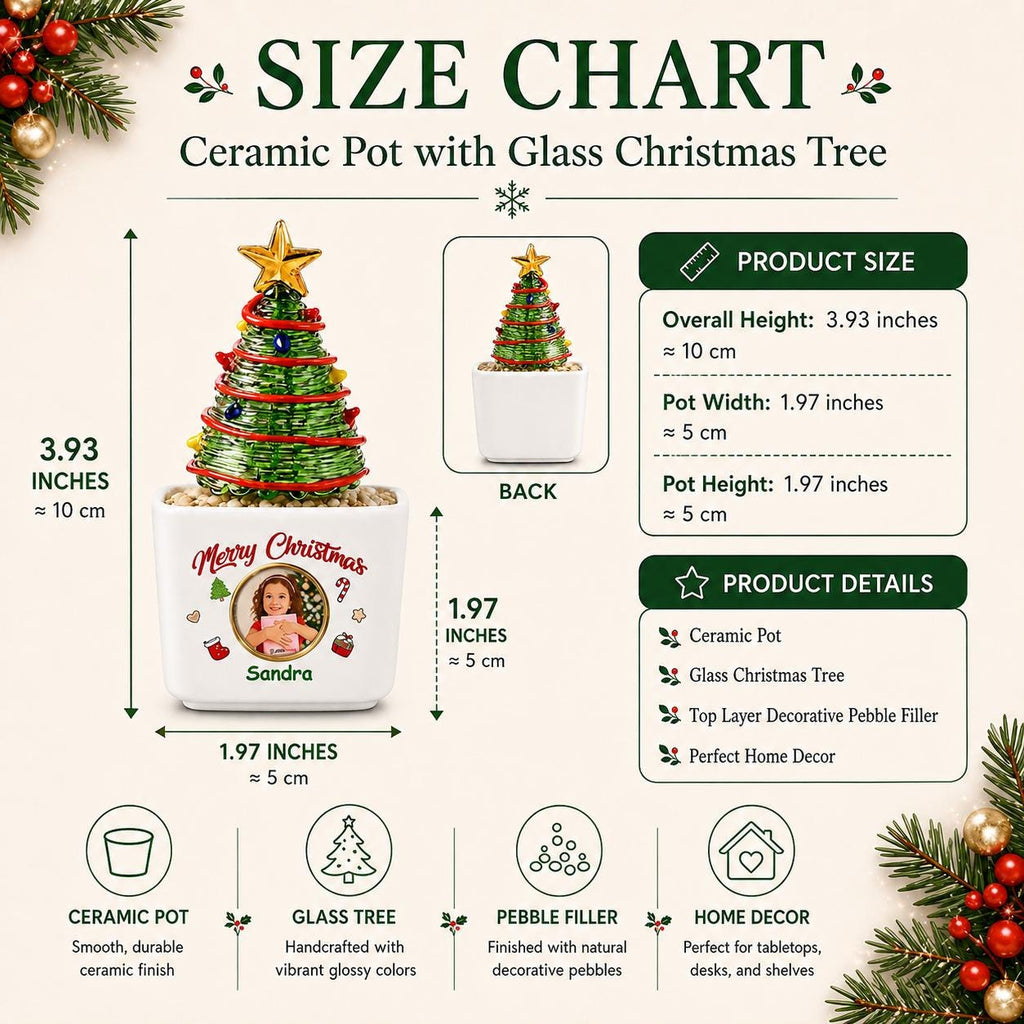 May include: A ceramic pot with a glass Christmas tree, featuring a photo and the text Merry Christmas Sandra. The overall height is 3.93 inches, with a pot width and height of 1.97 inches. The tree is green with a gold star and colorful accents.