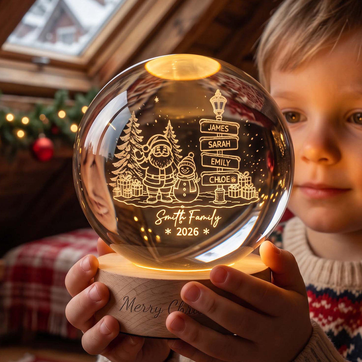 May include: A clear glass sphere night light on a round wooden base. The glass features an etched design of Santa Claus, a snowman, pine trees, gifts, and a street sign with the names James, Sarah, Emily, and Chloe. Text reads Smith Family 2026.