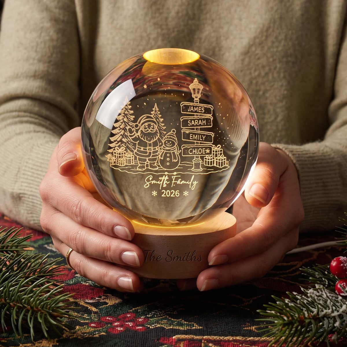 May include: A spherical glass ornament with an internal laser-etched design of Santa Claus, a snowman, and a signpost with the names James, Sarah, Emily, and Chloe. It features the text Smith Family 2026 and sits on a wooden base engraved with The Smiths.