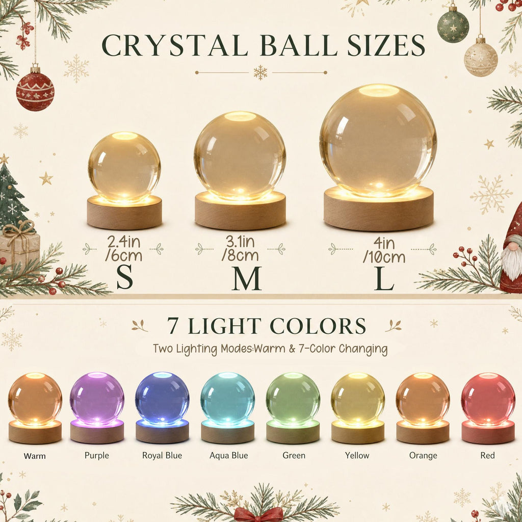 May include: Three clear crystal balls on wooden bases labeled S, M, and L with sizes 2.4in, 3.1in, and 4in. Below, eight crystal balls display seven light colors: warm, purple, royal blue, aqua blue, green, yellow, orange, and red.