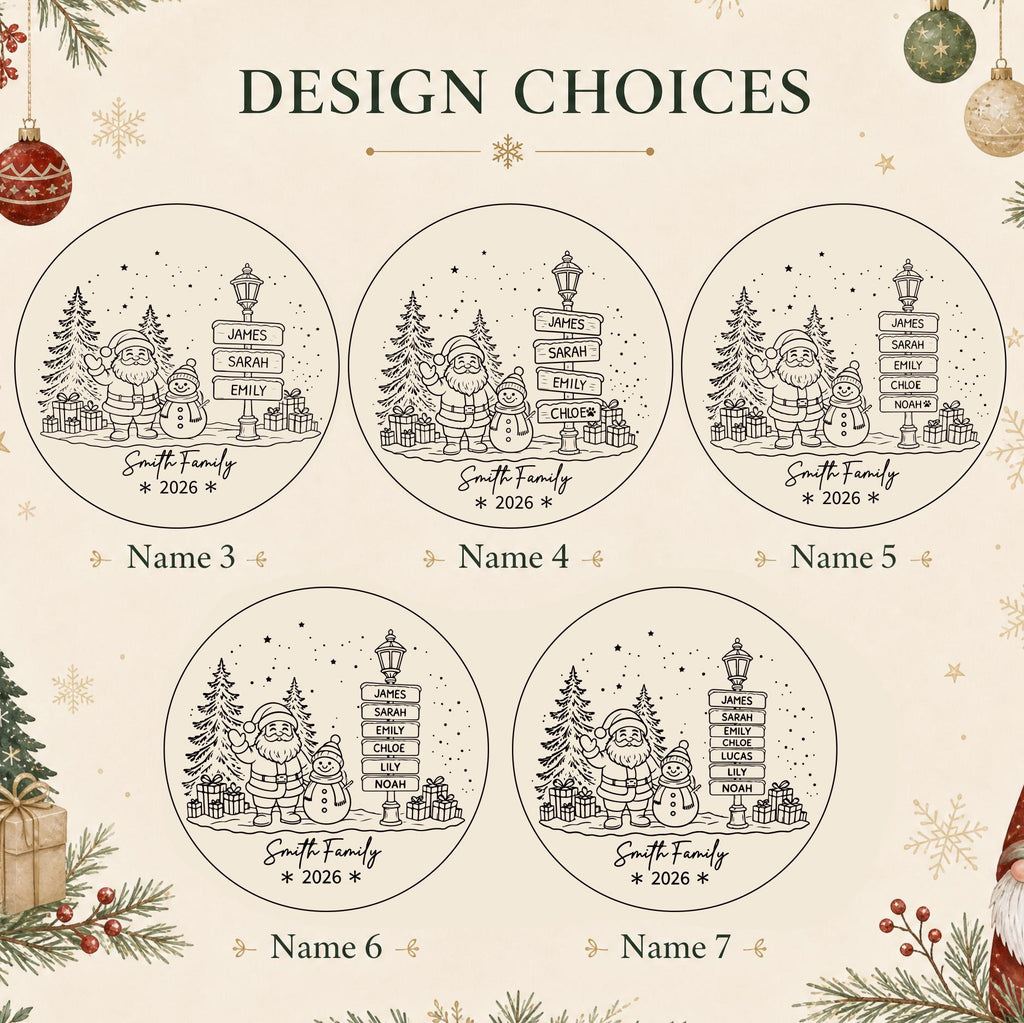 May include: Five circular Christmas ornament designs labeled Name 3 through Name 7. Each features a black line drawing of Santa Claus, a snowman, a street sign with names, pine trees, and gifts. Text includes Smith Family and 2026.