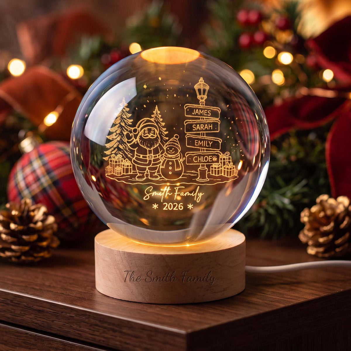 May include: A clear glass sphere ornament on a round wooden base. The sphere features an etched design of Santa Claus, a snowman, a street sign with the names James, Sarah, Emily, and Chloe, and the text Smith Family 2026. The base is engraved with The Smith Family.