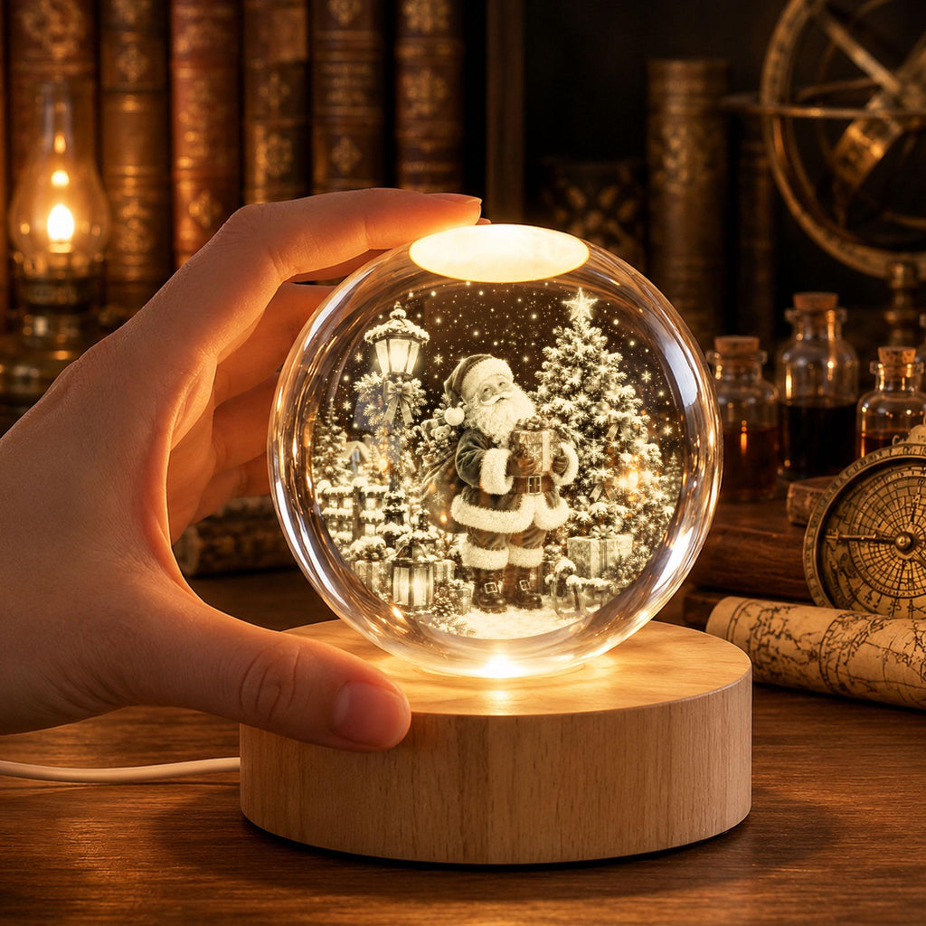 May include: A clear glass sphere night light featuring an internal 3D laser-etched scene of Santa Claus standing next to a decorated Christmas tree and a street lamp. The sphere rests on a round, light-colored wooden base with an integrated light.