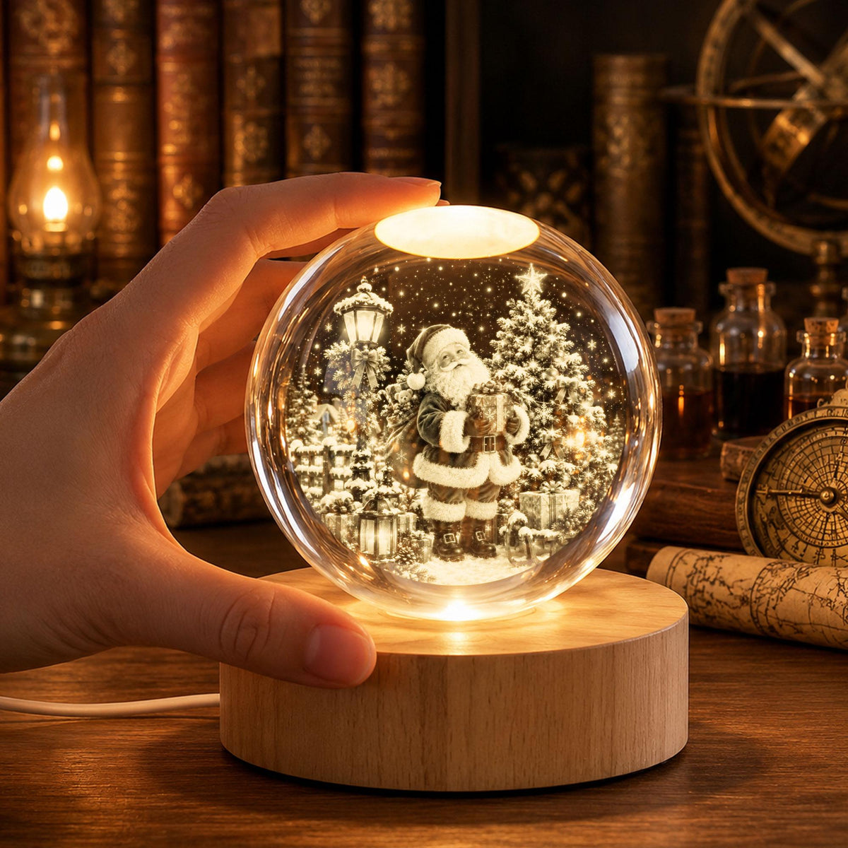 May include: A clear glass sphere night light featuring an internal 3D laser-etched scene of Santa Claus standing next to a decorated Christmas tree and a street lamp. The sphere rests on a round, light-colored wooden base with an integrated light.