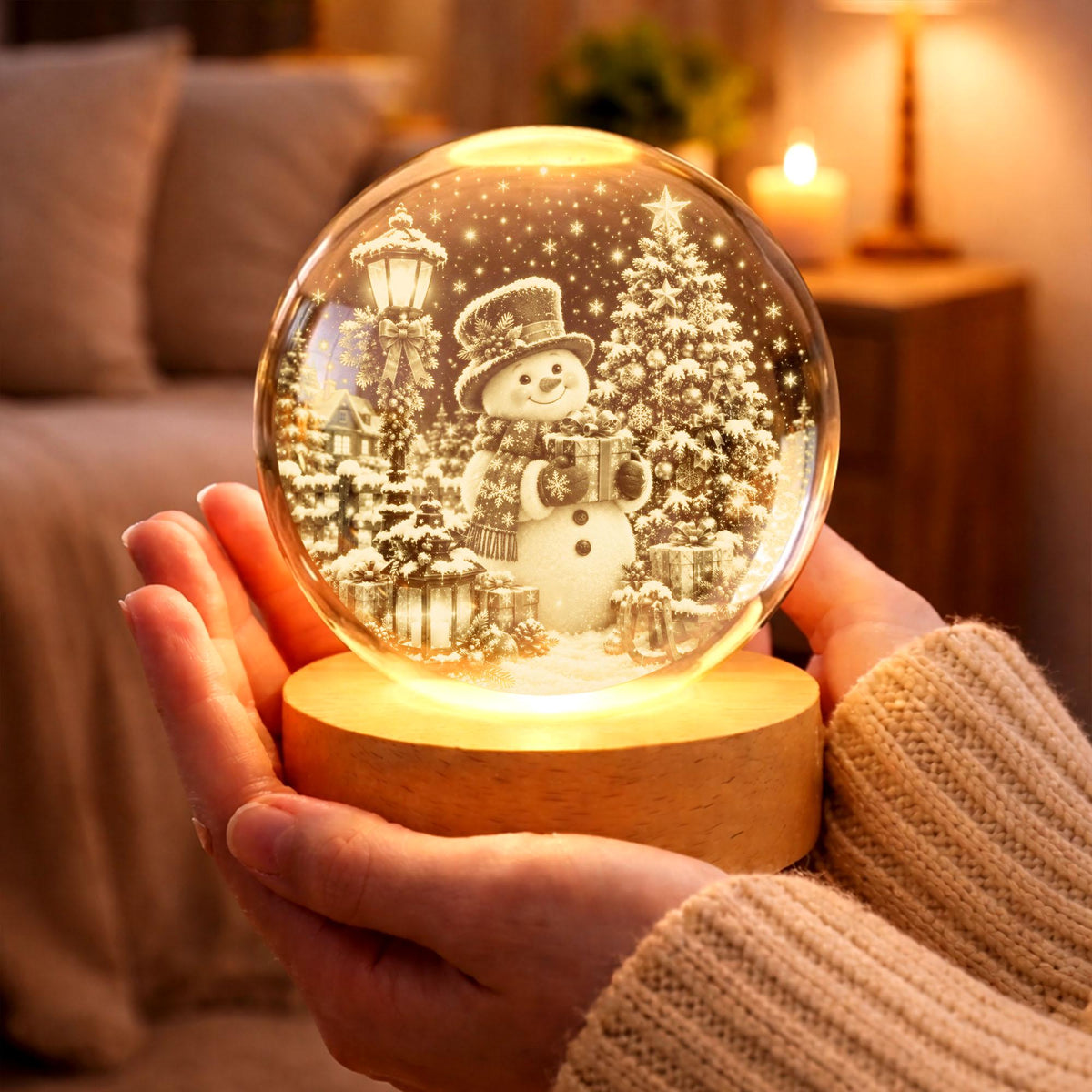 May include: A clear glass snow globe featuring a central snowman wearing a hat and scarf, holding a gift. The scene includes a decorated Christmas tree, a street lamp, and wrapped presents, all set on a circular, light-colored wooden base.