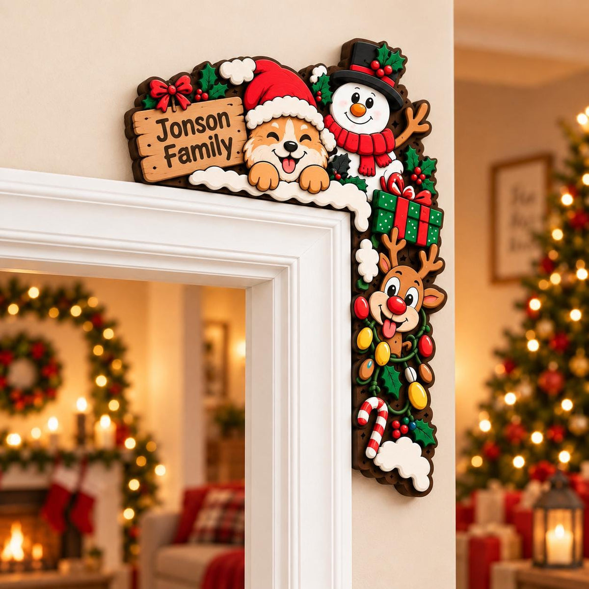 May include: A decorative wooden door corner sign featuring a cartoon Corgi in a Santa hat, a snowman, a reindeer, a green gift box, and a candy cane. The sign includes a wooden plaque with the text Jonson Family in black lettering.