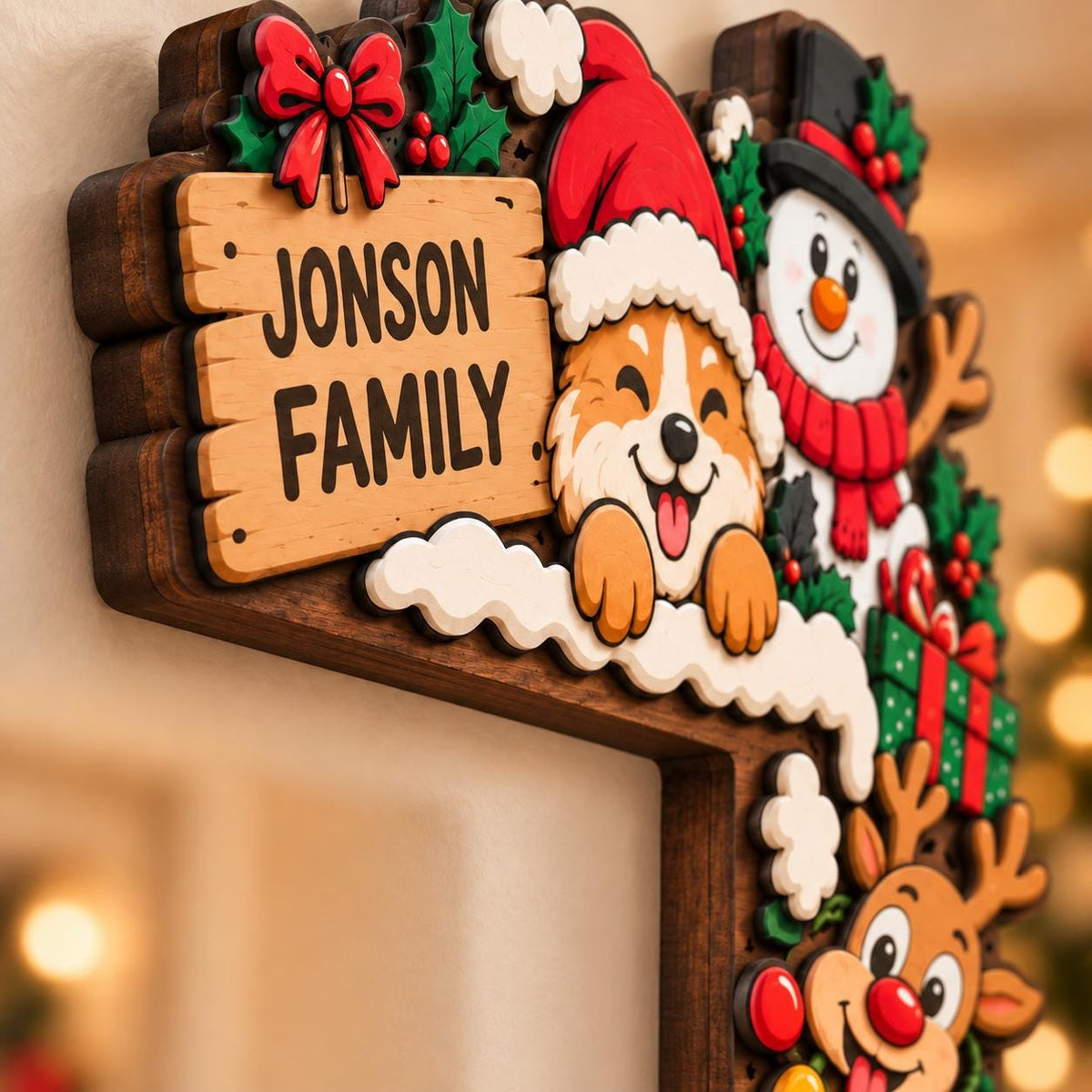 May include: A wooden Christmas-themed wall sign featuring a light-colored plaque with the text JONSON FAMILY. The sign is decorated with a cartoon dog wearing a Santa hat, a snowman, a reindeer, holly leaves, a red bow, and green gift boxes.