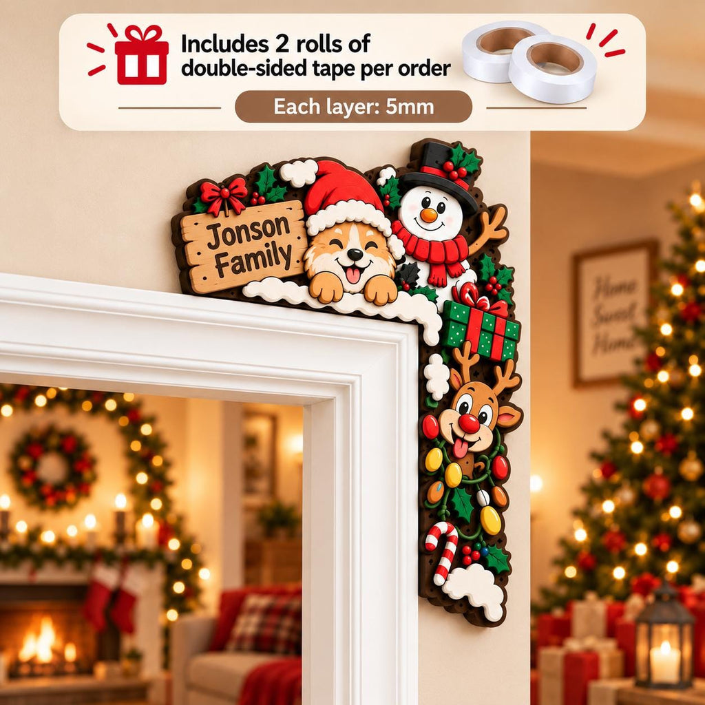 May include: A decorative Christmas door corner sign featuring a corgi in a Santa hat, a snowman, a reindeer, and a gift box. The sign includes a wooden plaque with the text Jonson Family and measures 5mm in thickness per layer.