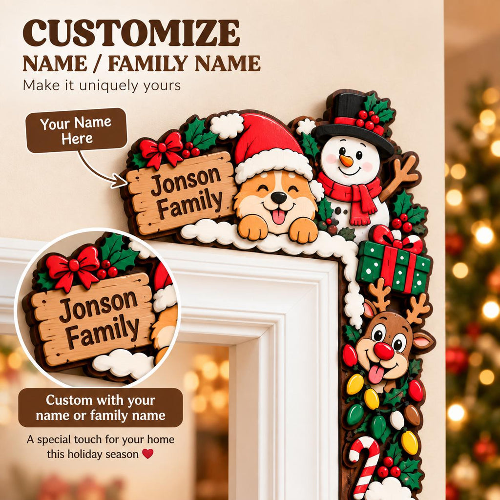 May include: A wooden Christmas door corner sign featuring a Corgi in a Santa hat, a snowman, a reindeer, and a green gift box. The sign includes a wooden plaque with the text Jonson Family, holly leaves, berries, and colorful holiday lights.