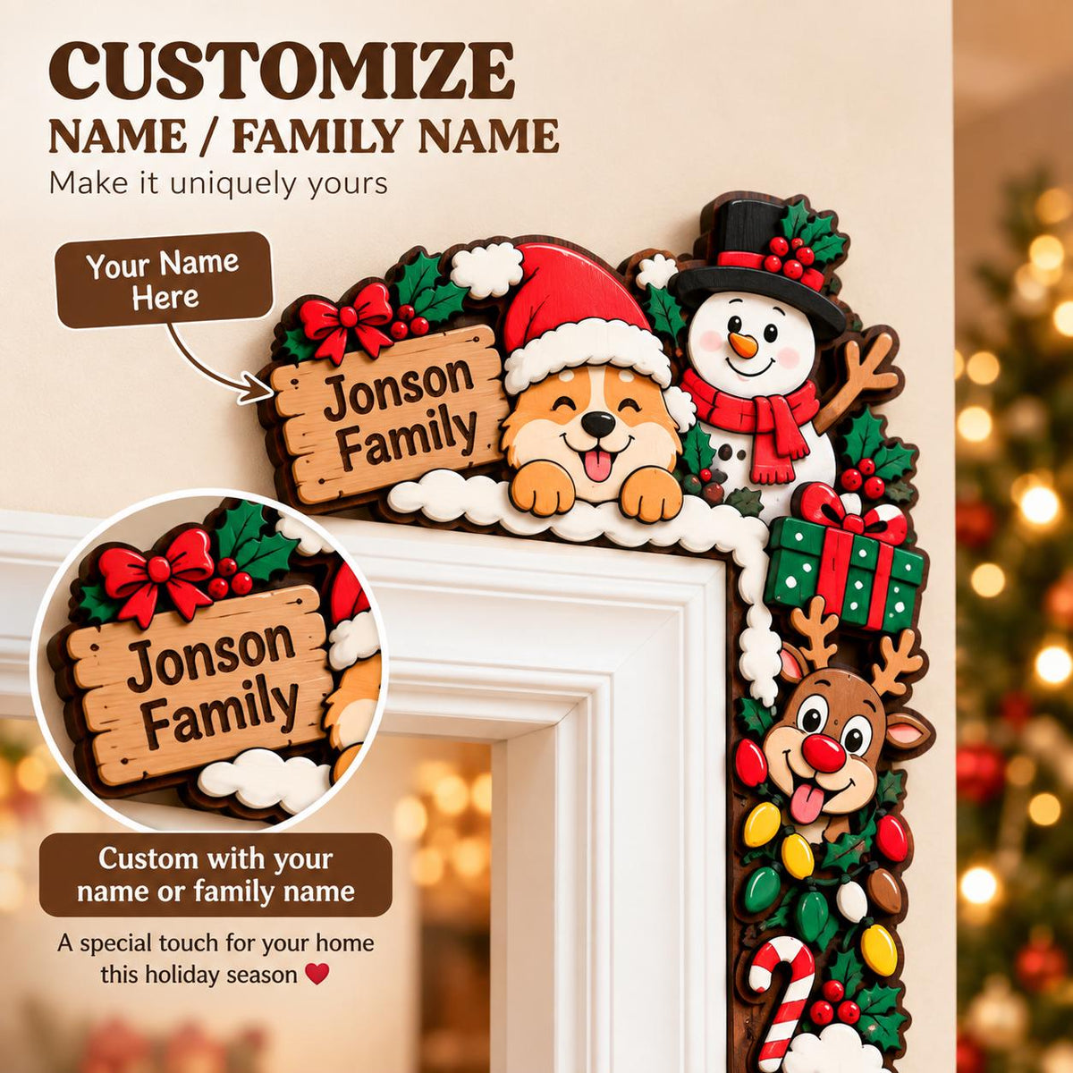 May include: A wooden Christmas door corner sign featuring a Corgi in a Santa hat, a snowman, a reindeer, and a green gift box. The sign includes a wooden plaque with the text Jonson Family, holly leaves, berries, and colorful holiday lights.