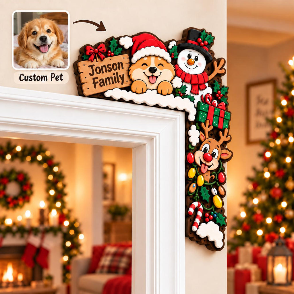 May include: A decorative wooden door corner sign featuring a cartoon dog in a Santa hat, a snowman, a reindeer, and a gift box. A wooden plaque attached to the top left displays the text Jonson Family. The design includes holly and a candy cane.