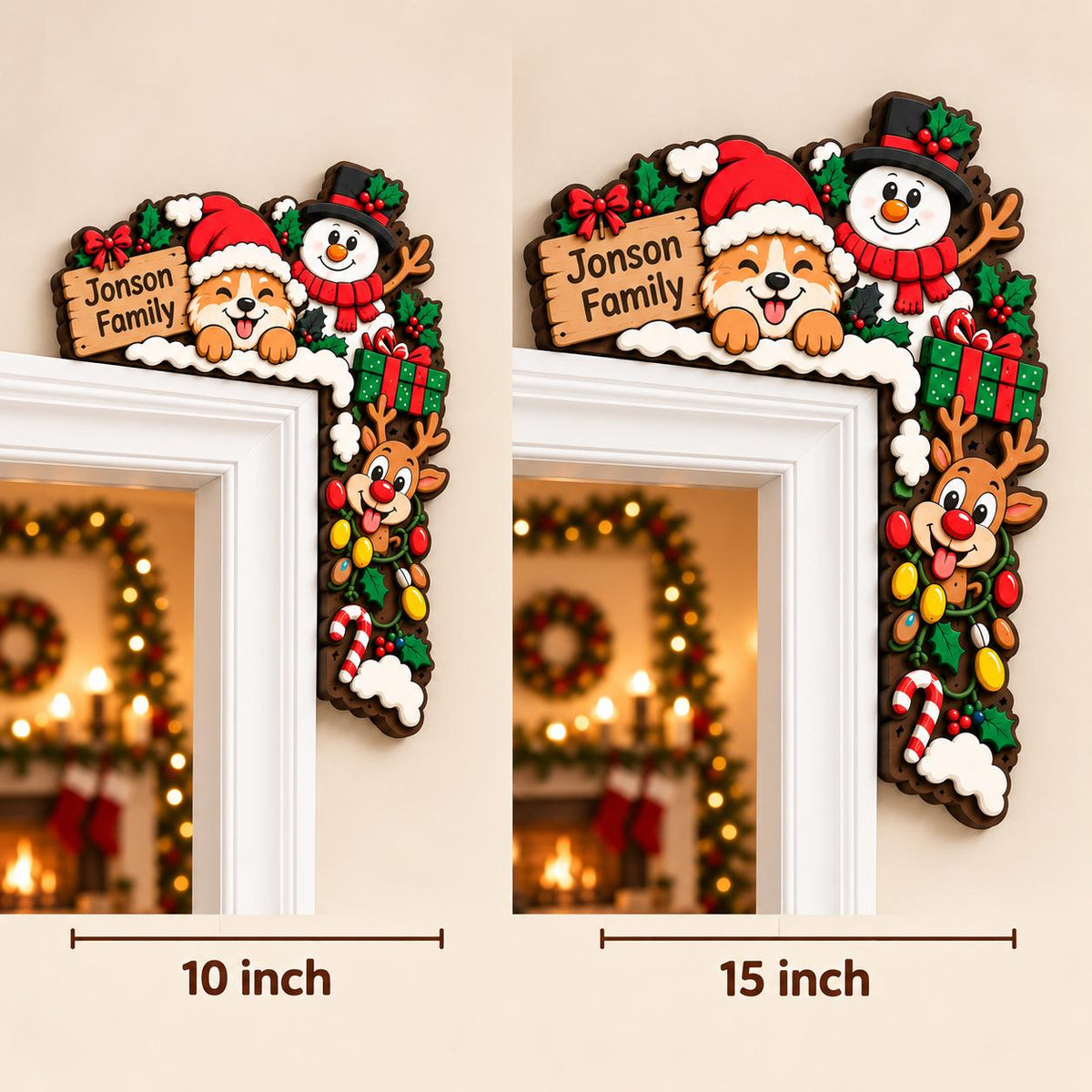 May include: A Christmas-themed door corner sign featuring a Corgi in a Santa hat, a snowman, a reindeer, and a gift box. A wooden sign reads Jonson Family. Two versions are shown, labeled 10 inch and 15 inch, depicting festive holiday decor.