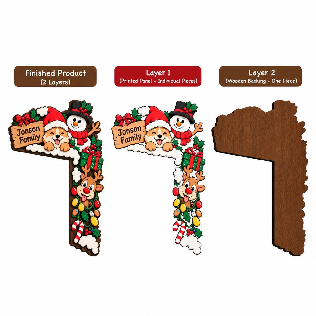 May include: A two-layer wooden corner decoration featuring a printed panel with a corgi, snowman, and reindeer, labeled Jonson Family. The display shows the finished product, the individual printed layer, and the solid wooden backing piece.