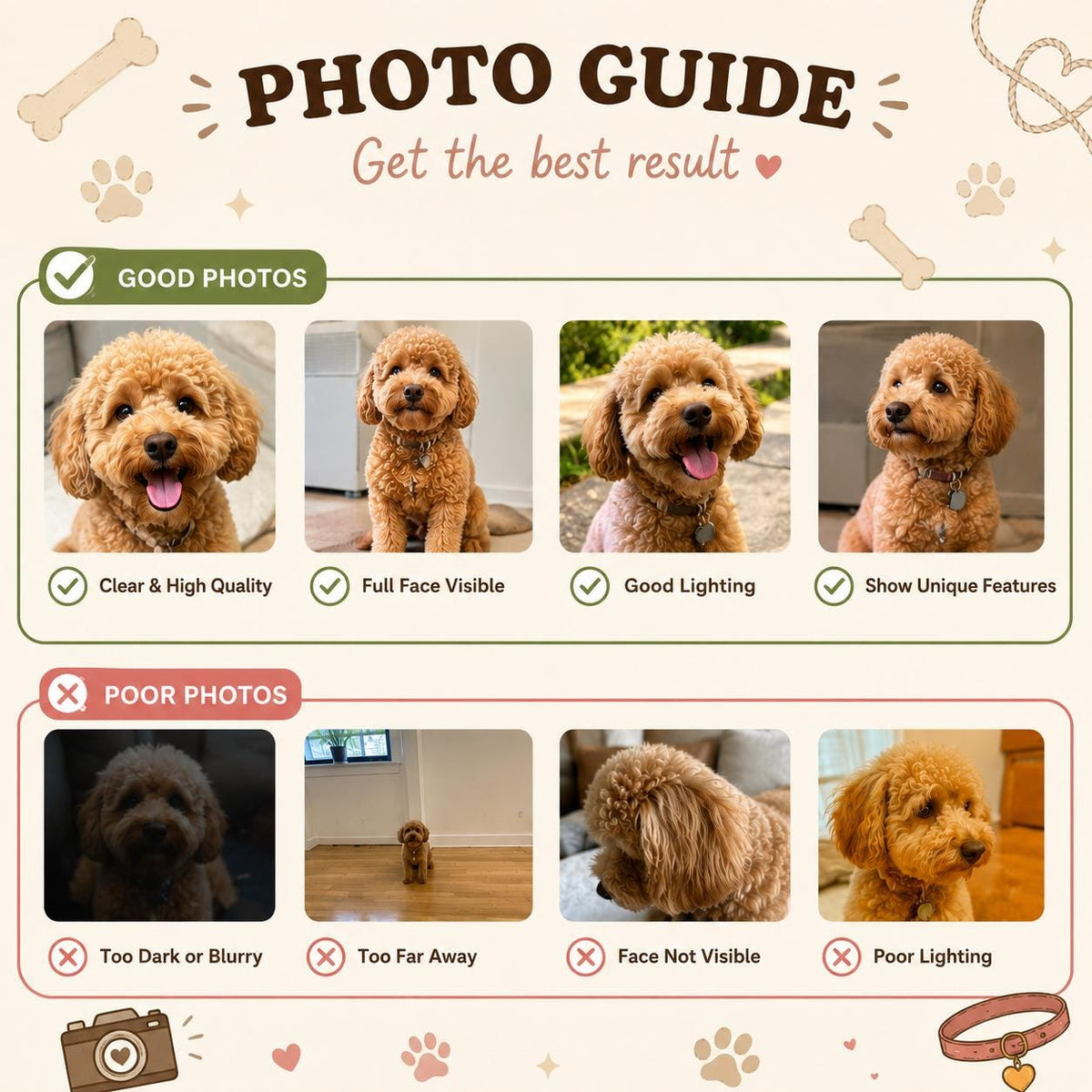 May include: A photo guide for pet portraits featuring text that reads PHOTO GUIDE Get the best result. The graphic displays four examples of good photos with clear, well-lit, full-face dog images and four examples of poor, dark, or blurry photos.