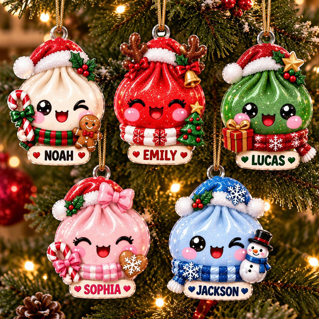 May include: Five personalized Christmas ornaments shaped like smiling dumplings with festive hats and scarves. Each ornament features a name tag: Noah with a gingerbread man, Emily with a bell, Lucas with a gift, Sophia with a cookie, and Jackson with a snowman.