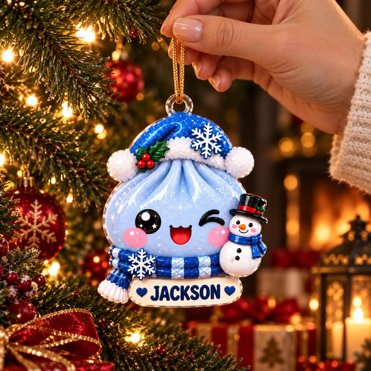 May include: A blue dumpling-shaped Christmas ornament featuring a winking snowman, a blue hat with a white snowflake, and a blue striped scarf. The ornament has a white banner at the bottom with the name JACKSON printed in dark blue text.
