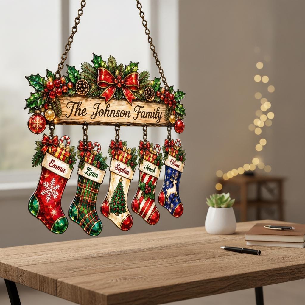 May include: A hanging Christmas wall sign featuring a wooden-style plaque with the text The Johnson Family, topped with holly, berries, and a red bow. Five individual stockings hang from the plaque, personalized with the names Emma, Liam, Sophia, Noah, and Olivia.