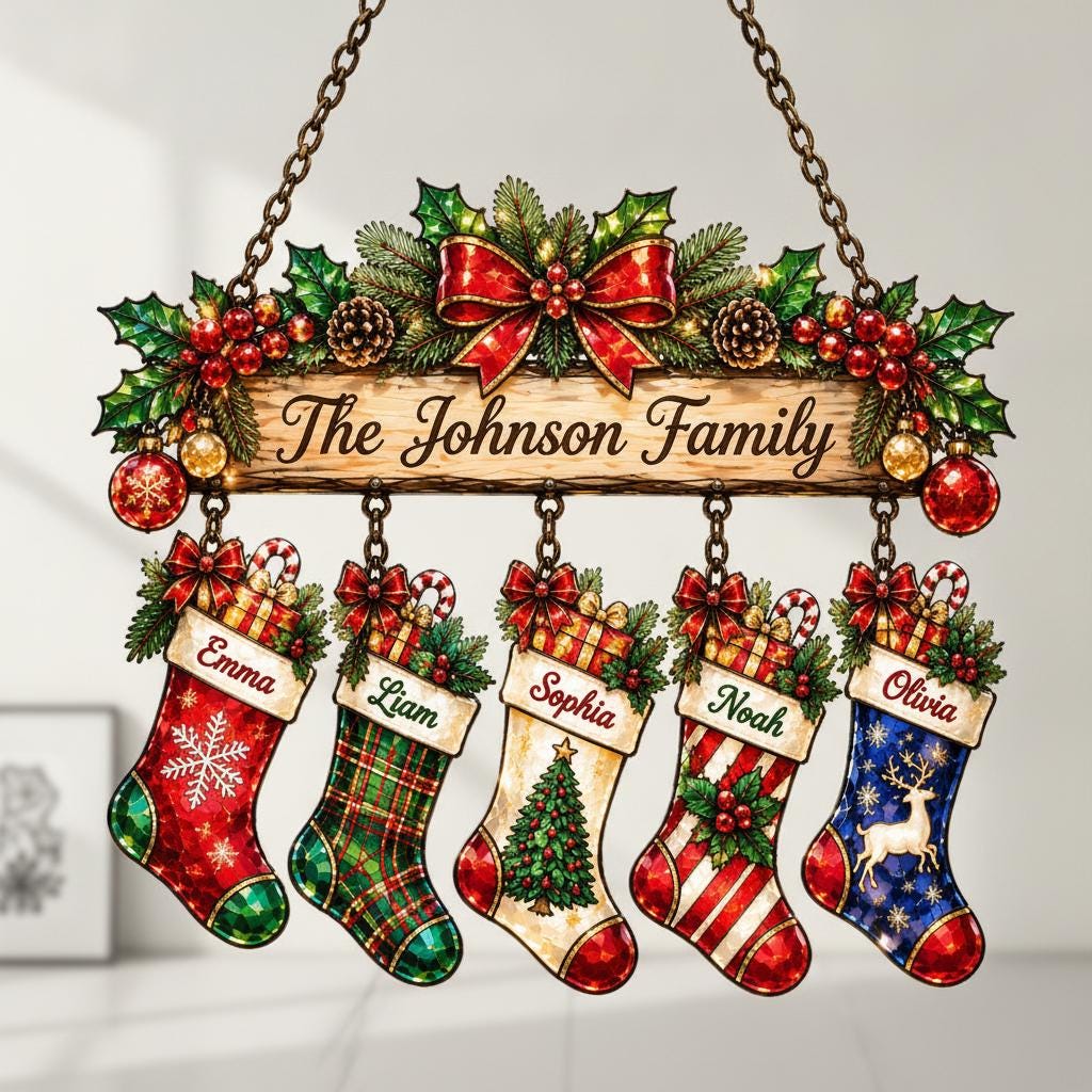 May include: A hanging wooden sign with the text The Johnson Family, decorated with holly, pinecones, and a red bow. Five hanging Christmas stockings are attached, each featuring a unique pattern and the names Emma, Liam, Sophia, Noah, and Olivia.