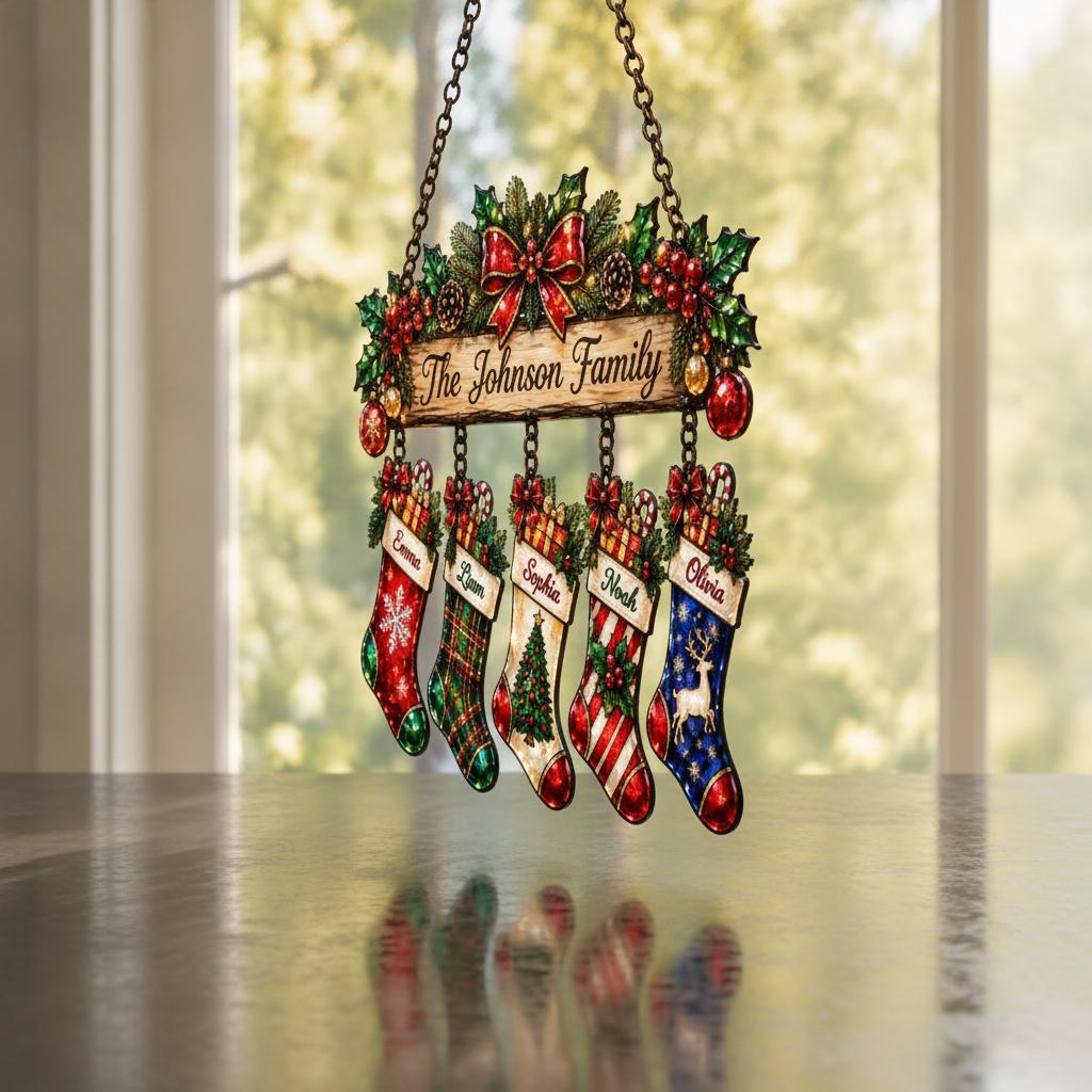 May include: A hanging Christmas ornament featuring a wooden-style sign with the text The Johnson Family, topped with holly and a red bow. Five colorful stockings hang from the sign, each personalized with names including Emma, Liam, Sophia, Noah, and Olivia.