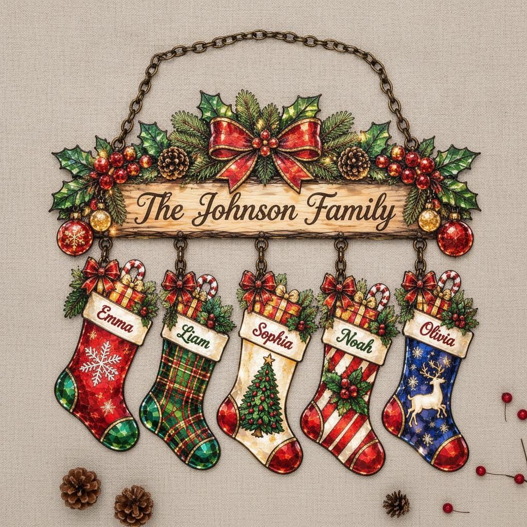 May include: A decorative Christmas wall hanging featuring a wooden sign with the text The Johnson Family, topped with holly, berries, and a red bow. Five hanging stockings are personalized with the names Emma, Liam, Sophia, Noah, and Olivia.