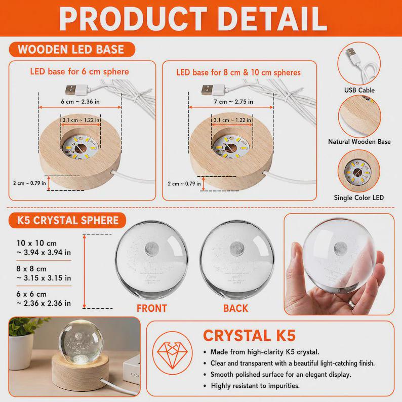 May include: A wooden LED base with a USB cable and a K5 crystal sphere. The base has a 1.22 inch inner diameter and a 0.79 inch height. The sphere is available in 2.36, 3.15, and 3.94 inch diameters. The set includes a natural wood finish.