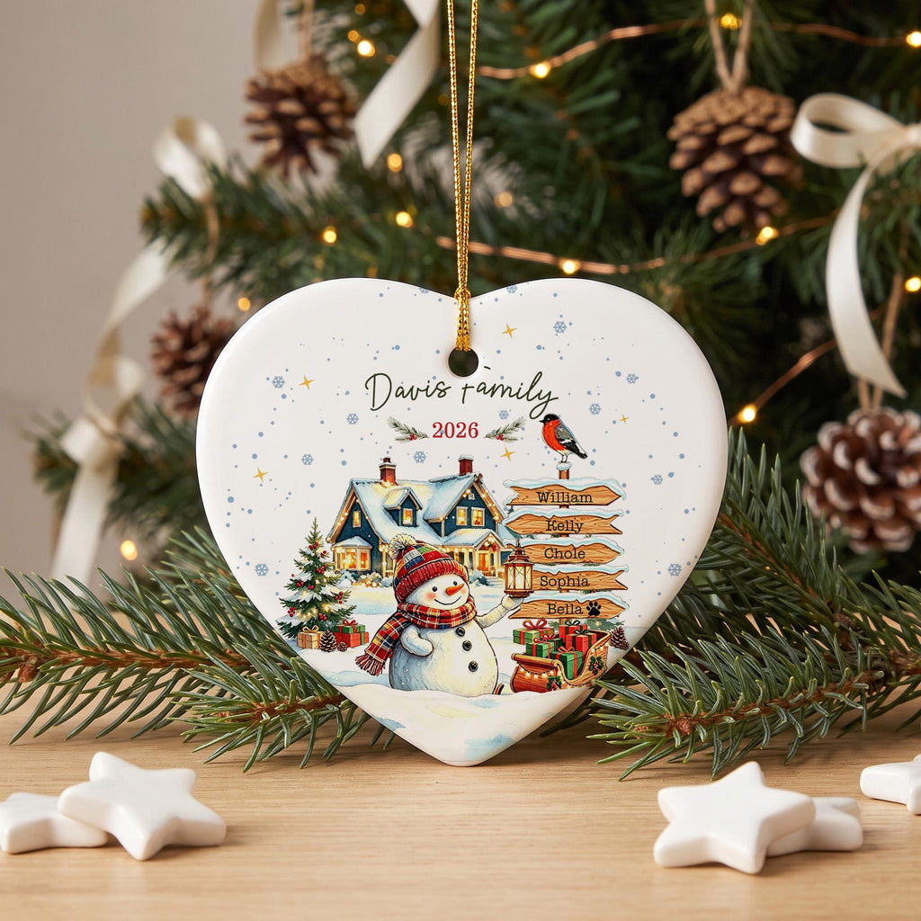 Personalized Christmas Ornament, Custom Family Name Snowman Ornament, Family Christmas Tree Decor, Holiday Keepsake Gift, Ceramic Ornament