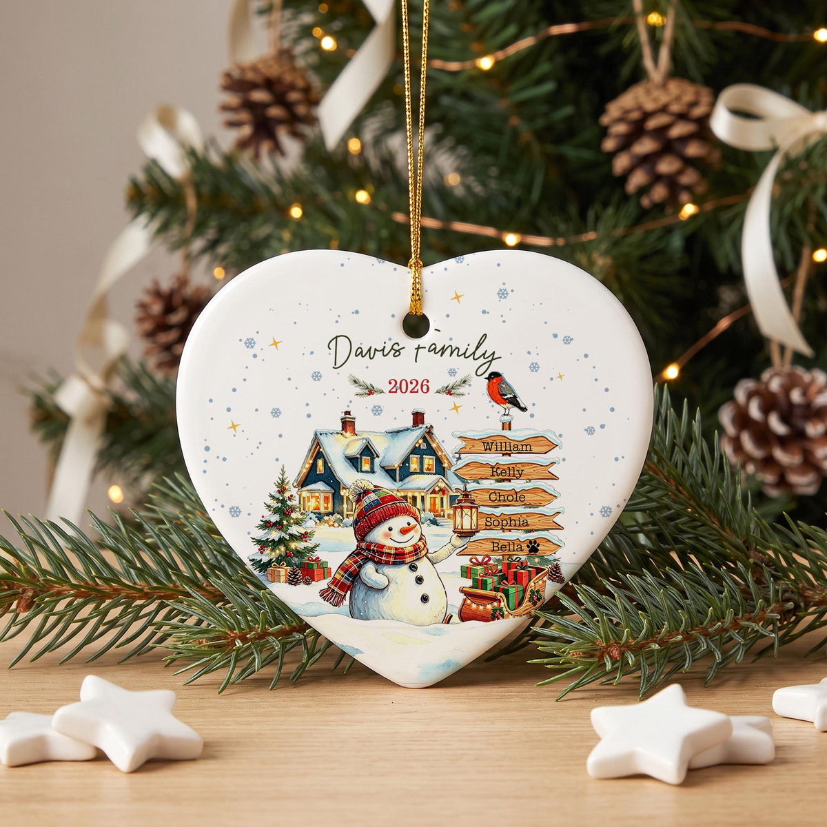 Personalized Christmas Ornament, Custom Family Name Snowman Ornament, Family Christmas Tree Decor, Holiday Keepsake Gift, Ceramic Ornament