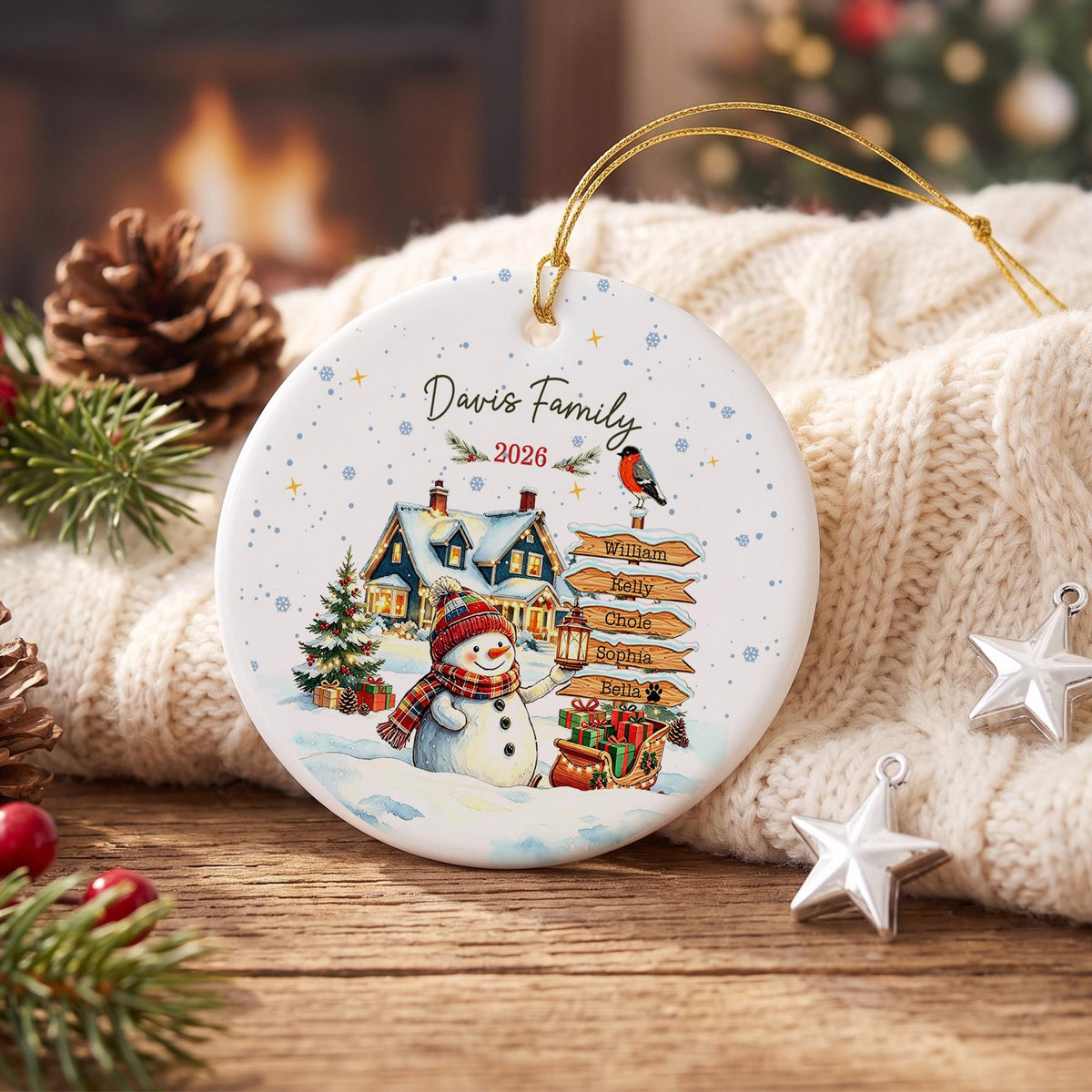 Personalized Christmas Ornament, Custom Family Name Snowman Ornament, Family Christmas Tree Decor, Holiday Keepsake Gift, Ceramic Ornament