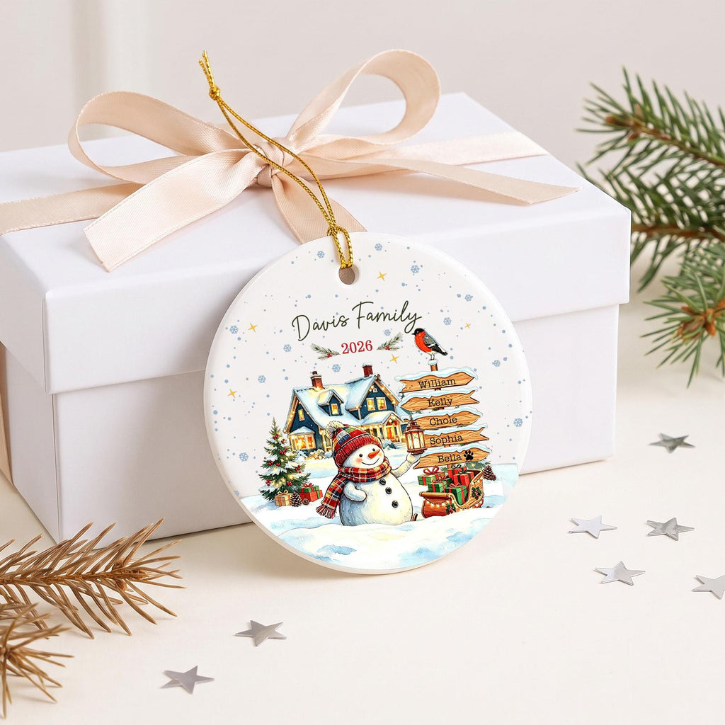 Personalized Christmas Ornament, Custom Family Name Snowman Ornament, Family Christmas Tree Decor, Holiday Keepsake Gift, Ceramic Ornament
